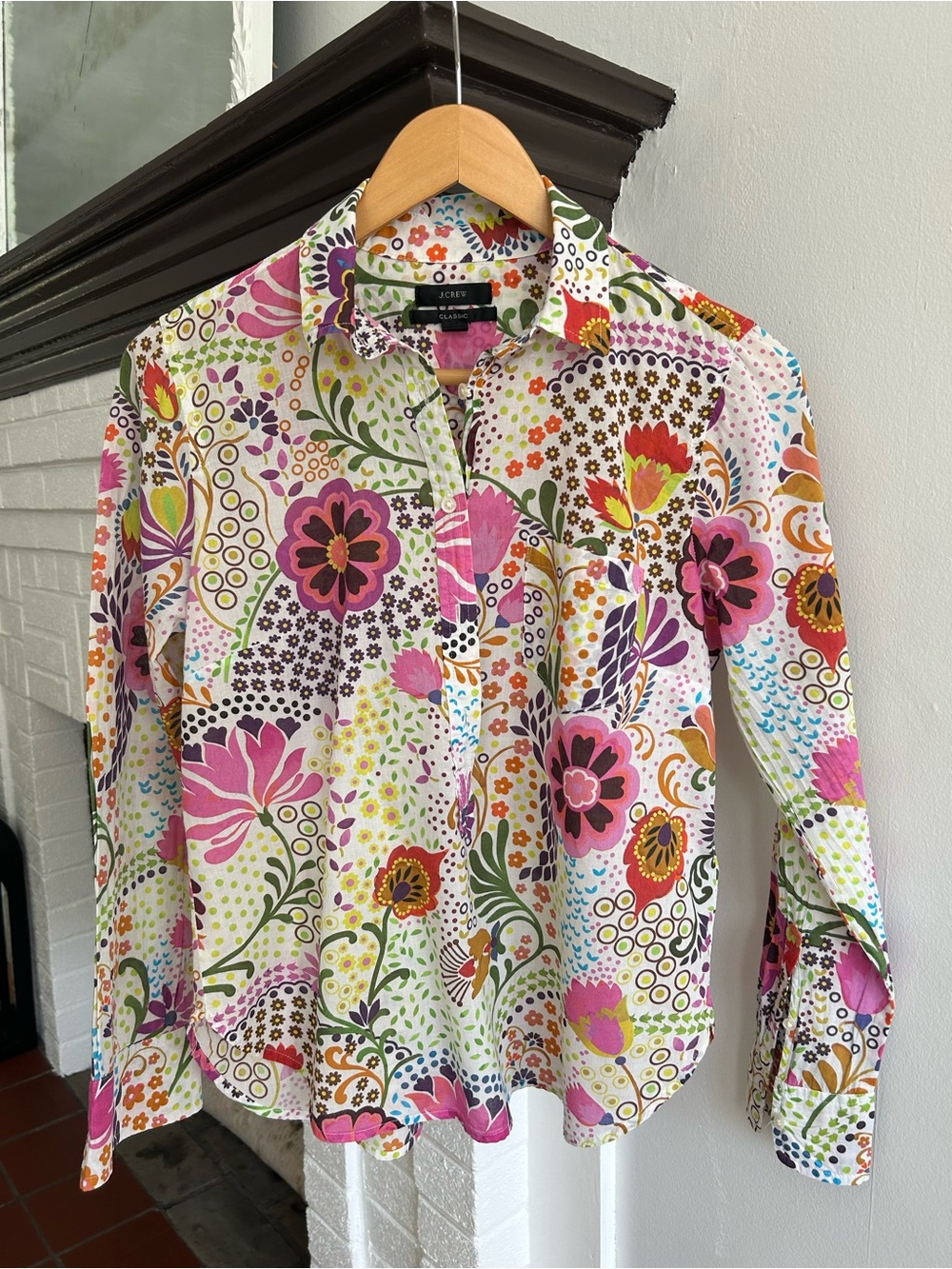 J. Crew Bright Floral Print Button-Down Shirt in Pink, Green, Orange